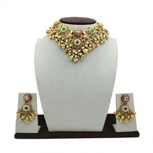 Traditional gold choker <b>necklace</b> <b>set</b> with antique temple design floral stones and matching earrings for bridal wedding - Product Image 1