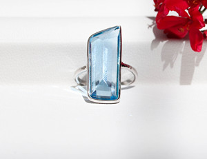 Natural Swiss Blue Topaz <b>Statement</b> <b>Ring</b> 925 Sterling Silver Handcrafted Long Trapezoid Cut Gemstone Modern Minimalist Jewelry - Product Image 3