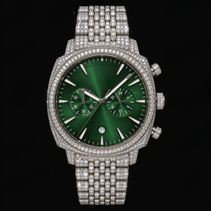 Montre Chronographe en Cristal Argenté Vert avec Affichage de la Date, Montre de Luxe Scintillante pour Hommes, Accessoire de Mode Élégant, Cadeau - Product Image 1