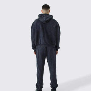 Survêtement à capuche en coton délavé gris foncé pour homme, coupe ample, manches longues, style streetwear décontracté avec cordon de serrage à la taille et poches latérales - Product Image 2