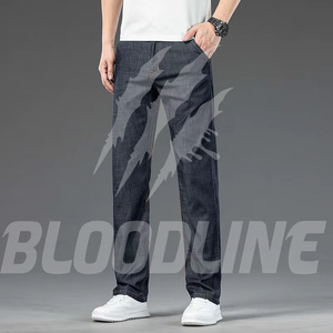 Jean droit uni pour homme Bloodline, taille mi-haute, coupe classique, en denim décontracté, coton respirant, idéal pour l'été, style hip-hop déchiré - Product Image 1
