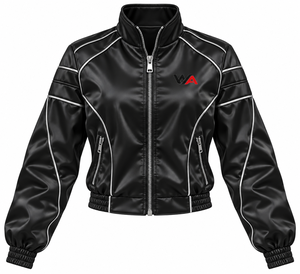 Veste en satin noir brillant pour femme, best-seller 2026, avec passepoil argenté, style rétro moto biker streetwear, col montant, usine B2B - Product Image 1