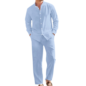 Ensembles pour hommes en lin, costume de loisirs printemps-automne, chemises à manches longues et pantalons, ensembles deux pièces, vêtements de mode pour hommes, ensemble pantalon - Product Image 1