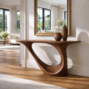 Meuble d'entrée moderne pour maison/hôtel, console en bois massif brun, base irrégulière en forme de vague, plateau noir artisanal - Product Image 2