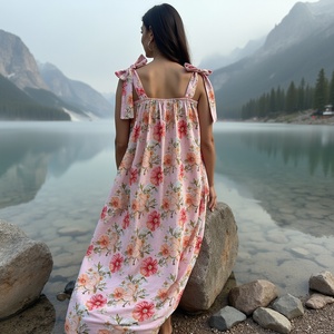 ชุดเดรสแม็กซี่สีชมพูสำหรับเด็กผู้หญิงชุดเดรสผ้าฝ้ายน้ำหนักเบาสีส้มเหลือง - Product Image 5