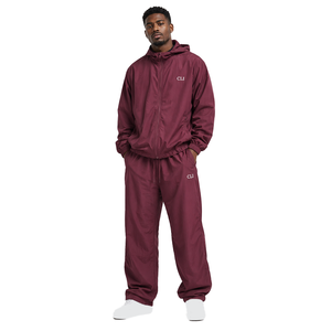 Survêtement coupe-vent à capuche bordeaux, vêtements de sport en gros, veste légère zippée et pantalon à cordon de serrage, tissu polyester personnalisé OEM - Product Image 1