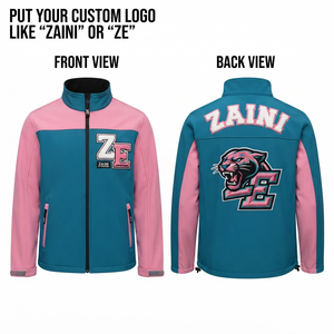 เสื้อแจ็คเก็ตซอฟต์เชลล์พรีเมียม 220gsm สีเขียวอมฟ้าชมพู ตัดต่อสีแบบคัลเลอร์บล็อก คอตั้ง เป็นมิตรกับสิ่งแวดล้อม ระบายอากาศได้ดี กันลม เหมาะสำหรับกิจกรรมกลางแจ้ง - Product Image 1