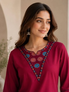 Ensemble Kurti et pantalon pour femme avec broderie, col en V, coupe ample, style décontracté Inde Pakistan, longueur cheville - Product Image 2