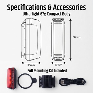 Feu arrière de vélo ABS haute luminosité 300 lumens, LED super lumineuse résistante à l'eau, 6 modes DRL, lampe de sécurité grand angle pour la conduite nocturne - Product Image 6