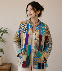 Magnifique robe ample à col en V, style Kantha matelassé, imprimé floral, en patchwork de sari de soie fait main vintage Nivisaa, idéale pour l'hiver. - Product Image 1