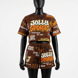 Conjunto de Top Corto y Pantalones Cortos de Felpa de Algodón Premium de 240 GSM para Mujer, Negro con Estampado de Naranja, Logotipo Personalizado, Camiseta y Pantalones Cortos 100% Algodón - Product Image 6