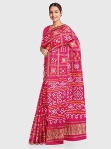 Sari Bandhani Hecho a Mano, Sari con Borde Zari, Sari con Pallu Rico, Sari de Seda Suave, Sari de Seda Premium - Product Image 3