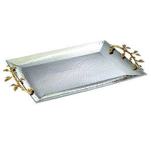 Round Mirrored Metal <b>Serving</b> Storage <b>Tray</b> Decorative <b>Gold</b> Leaf Edges Snack <b>Tray</b> for Breakfast Coffee Table Ottoman Display <b>Tray</b> - Product Image 4