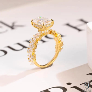 Gold Plated <b>Silver</b> Moissanite Emerald Cut Halo Wedding <b>Band</b> <b>Ring</b> for Women-Anniversary Gift - Product Image 2