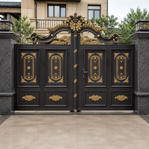 Portail double d'entrée de luxe brun foncé avec panneaux floraux dorés, couronne ornementale et design extérieur résidentiel élégant - Product Image 6