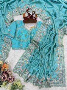 ผ้าส่าหรีด้ายประกายส่าหรีสวยงานปักด้ายหลากสีพร้อมเสื้อที่ไม่มีตะเข็บ - Product Image 5
