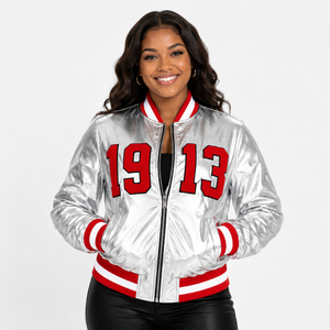 metallic <b>silver</b> 1913 Delta sigma bomber theta Satin <b>Jacket</b> greek organizations sorority apparel - Product Image 3