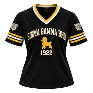 Camiseta de Hockey para Mujer Sigma Gamma Rho, Negra, con Gráfico de Servicio de la Hermandad, Cuello en V, Manga Corta, Uniforme del Equipo de Sororidad Griega - Product Image 1