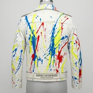 Custom Mens Cowhide Hair On Leather Biker <b>Jacket</b> Wholesale Paint Splatter White Streetwear Moto Outerwear Supplier Manufacturer - Product Image 2
