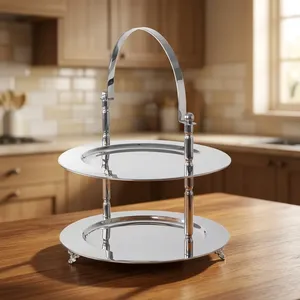 Plateau de service à 2 niveaux en acier inoxydable avec poignée |   Organisateur élégant pour plateaux de nourriture, idéal pour la cuisine, la table à manger et les fêtes - Product Image 2