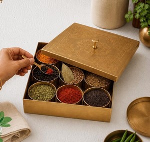 Modern Iron Spice Organizer <b>Box</b> with Engraved Lid Multipurpose Kitchen Storage Container for Spices Square Iron Masala Dabba - Product Image 1