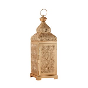 Lanterne à bougie élégante de style marocain en métal et verre finition or, porte-bougie vintage arabe à poser ou à suspendre pour le Ramadan - Product Image 4
