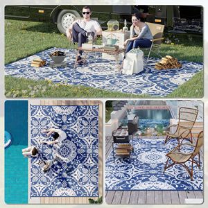 Tappeto da esterno/patio per camper 12x15 blu e bianco, floreale, a pelo lungo, intrecciato, con borsa per il trasporto - Product Image 5