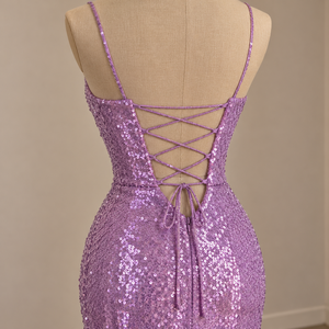 Robe de soirée sirène violette à sequins, bretelles spaghetti, longueur ras du sol, dos nu, fente latérale, pour soirée - Product Image 5