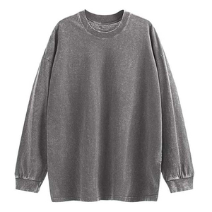 Oversized Crew Neck Long Sleeve Fleece Lined Breathable Knitted Pullover Solid Color Unisex Autumn Wear 100% Cotton Washed - Product Image 1