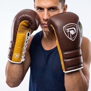 Dumela Leather <b>Boxing</b> <b>Gloves</b> <b>16</b> <b>Oz</b> Brown Yellow Green Training Gear with Logo Design - Product Image 4