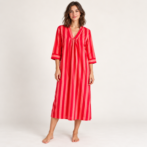 Vestido midi a rayas con cuello en V, manga tres cuartos, corte holgado, informal, de verano, tejido de algodón y fibra de bambú, transpirable, rojo y rosa - Product Image 1