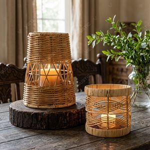 Lanterne rustique conique en rotin, porte-bougie cylindrique de table, support de bougie en verre pour jardin, lumière décorative intérieure, accents de décoration pour la maison - Product Image 4