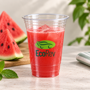 Gobelets en plastique transparent EcoRev, ronds, en PP, imprimés en sérigraphie avec logo feuille verte, pour boissons, diamètre 98 mm - Product Image 3