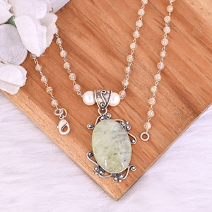 Collier pendentif en argent sterling 925 avec perle, rutile doré et préhnite - Product Image 5