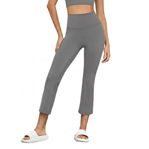 Leggings de yoga taille haute mi-mollet noirs unis en Spandex et Polyester avec taille élastique, pantalon de sport pour femme, tenue d'entraînement - Product Image 2