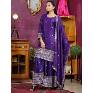 Traje Sharara de Chinon Bordado de Diseñador con Bordado de Lentejuelas para Ocasiones Festivas - Product Image 2