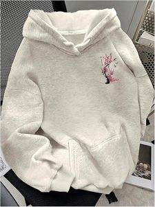 Heather Gray Women Hoodie Sweatshirt Cherry Blossom <b>Butterfly</b> Back Print Long <b>Sleeve</b> Pullover Casual Spring Style - Product Image 4