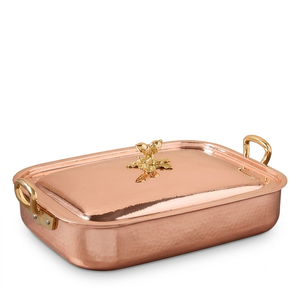 Cacerola Rectangular Premium de Cobre Martillado con Asas de Latón y Perilla de Roble para Utensilios de Cocina de Lujo y Platos de Servicio para Hoteles - Product Image 1