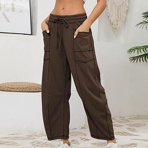 Pantalones de chándal cargo holgados de algodón 100% teñido en prenda, de cintura alta con cordón, de pierna ancha, informales, de moda en TikTok para mujer, ideales para primavera. - Product Image 4