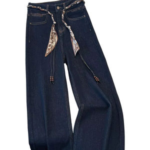 Nouveau Jean Femme Coupe Large en Denim Bleu Automne 2025 – Pantalon Super Tendance avec Ceinture Foulard en Soie – Trousers Droits Tendance - Product Image 1