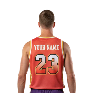 Ensemble d'uniformes de basketball personnalisés pour hommes, orange et violet, maillot sans manches à col rond, short, bordure dorée, numéros d'équipe, kit sportif en gros - Product Image 4