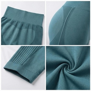 Leggings de yoga taille haute pleine longueur couleur vert sarcelle uni, maille côtelée sans couture, extensible dans les quatre sens, vêtements de sport pour femmes - Product Image 6