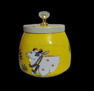 Tarro de almacenamiento decorativo con tapa y pomo, con estampado de vaca Pichwai indio en esmalte, al por mayor - Product Image 3
