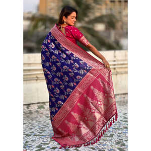 Sari en soie douce violet Banarasi avec contraste Jaal, tissé avec des fils Zari - Vêtements indiens et pakistanais - Product Image 4