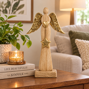 Figurine d'ange en bois avec ailes dorées, ornement cœur et étoile, décoration de table, décoration de Noël - Product Image 5