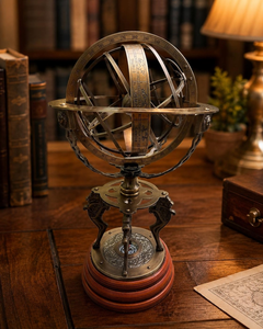 Sphère armillaire en laiton ornée avec anneaux du zodiaque et base boussole, sculpture astronomique vintage pour bureau, salle d'étude ou bibliothèque - Product Image 1