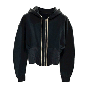 Unisex <b>Black</b> Cropped <b>Zip</b>-<b>Up</b> <b>Hoodie</b> Regular Sleeve Fleece Casual Oversized Solid Knitted Winter Streetwear Anti-Shrink - Product Image 1