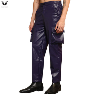 Sleek Blue Color Multi Side Pocket Style Good Supplier Fully Customized Stretchable Material Zippered Slim Fit Faux Leather Pant - Product Image 6