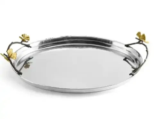 Round Shape <b>Mirror</b> Polished Finished Home Hotel Food And Drinks Serving use metal Tray With handle - Product Image 1