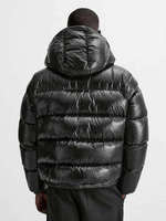 Veste matelassée à capuche noire pour homme, en PU, coupe-vent, décontractée, pour l'hiver, coupe régulière, fermeture éclair, couleur unie épaisse